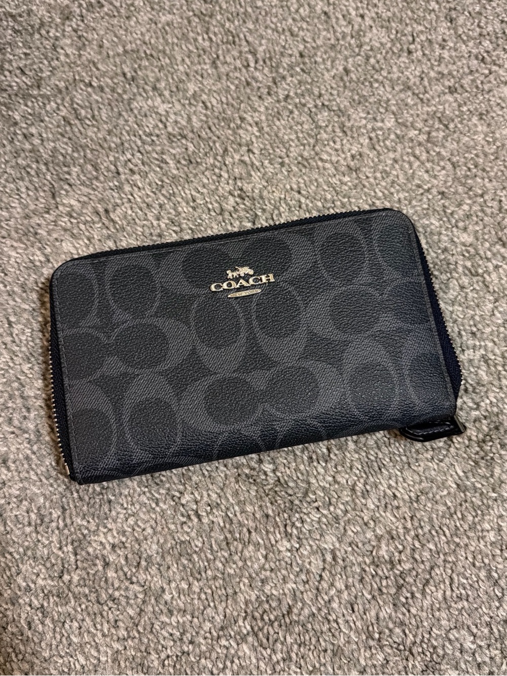 Coach Black Signature Zip Wallet with Gold Logo